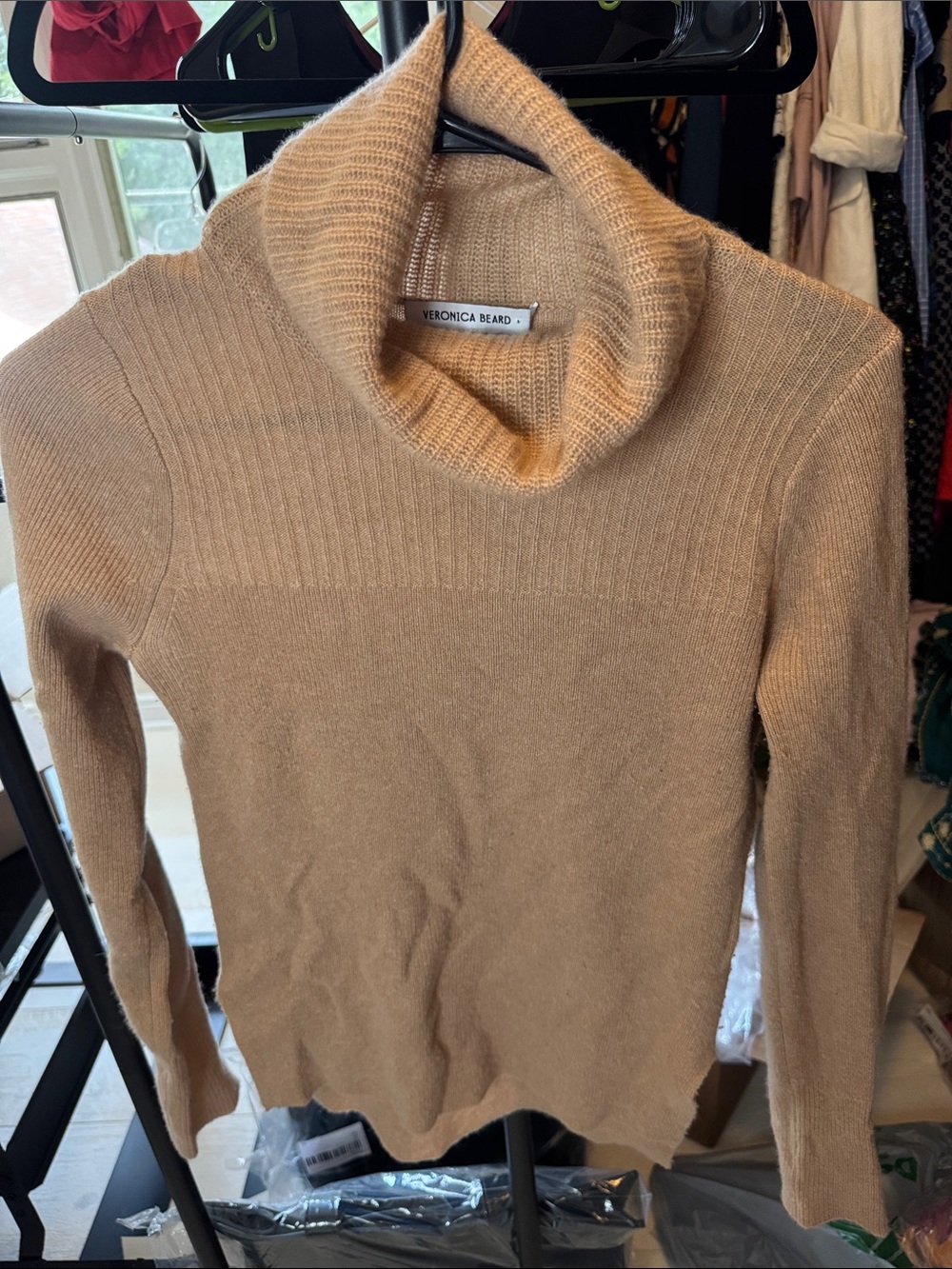 Veronica Beard Cashmere Camel Ribbed Cowl-Neck Sweater